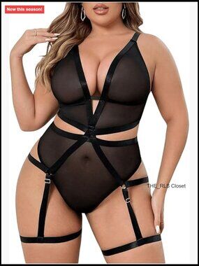 Plus Size Sheer Mesh Teddy Lingerie Deep V Babydoll Bodysuit